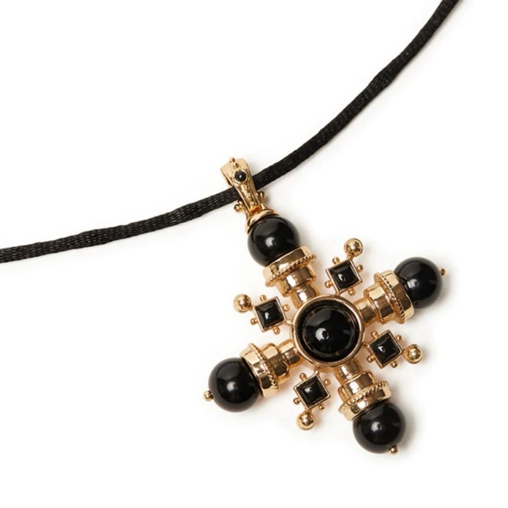 New! WeWoreWhat Gold Tone Cross Pendant with Black Stones Necklace